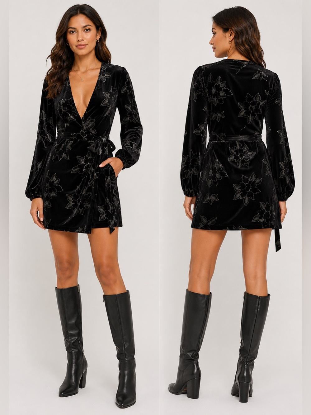 saltwater LUXE Black Floral Velvet Wrap Dress with Silver Embroidery